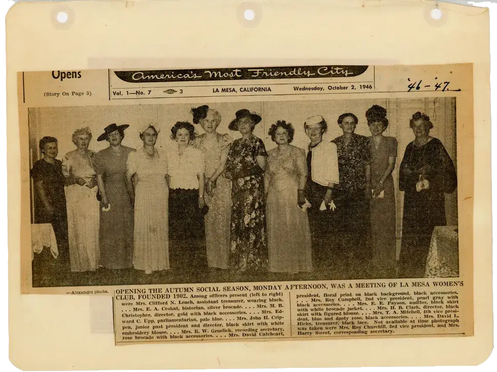News clipping from 1946 of La Mesa Woman's Club in the Autumn Social Season