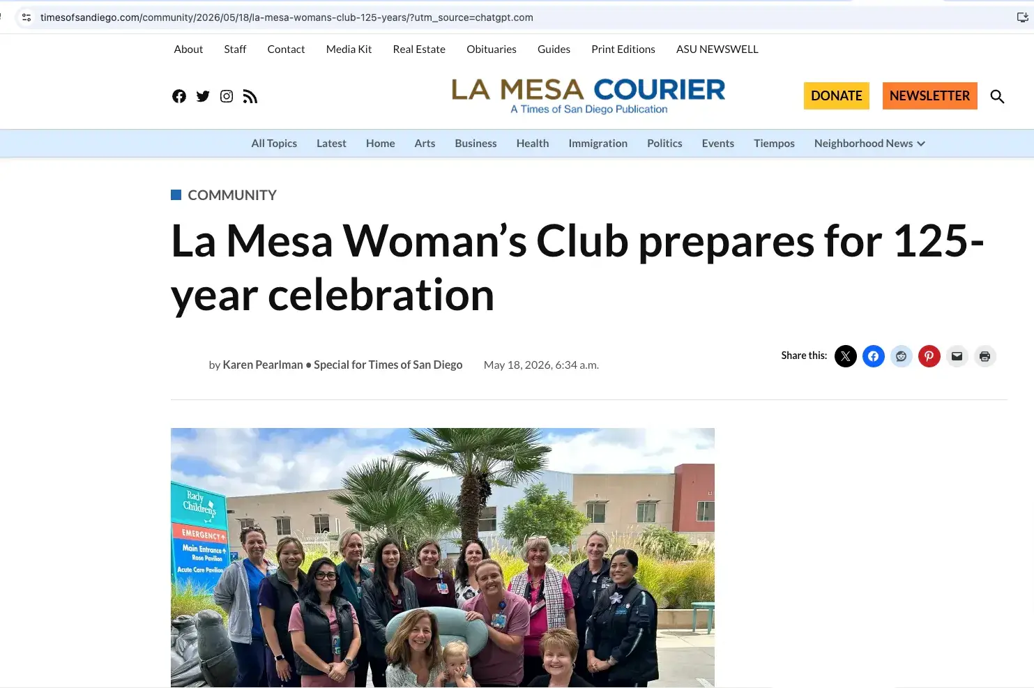 La Mesa Courier article featuring the La Mesa Woman's Club 125th Anniversary Celebrations