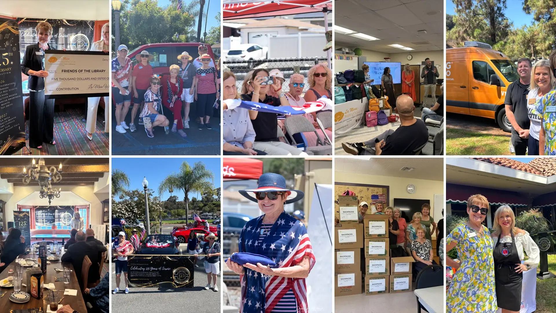 Photo collage highlighting four months of La Mesa Woman’s Club 125th Anniversary community service events